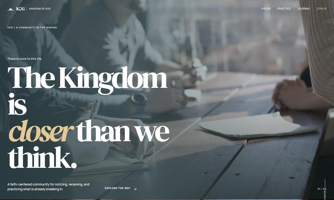 Screenshot of the Becoming Awake site: 'The Kingdom is closer than we think.' over a photo of hands writing at a table