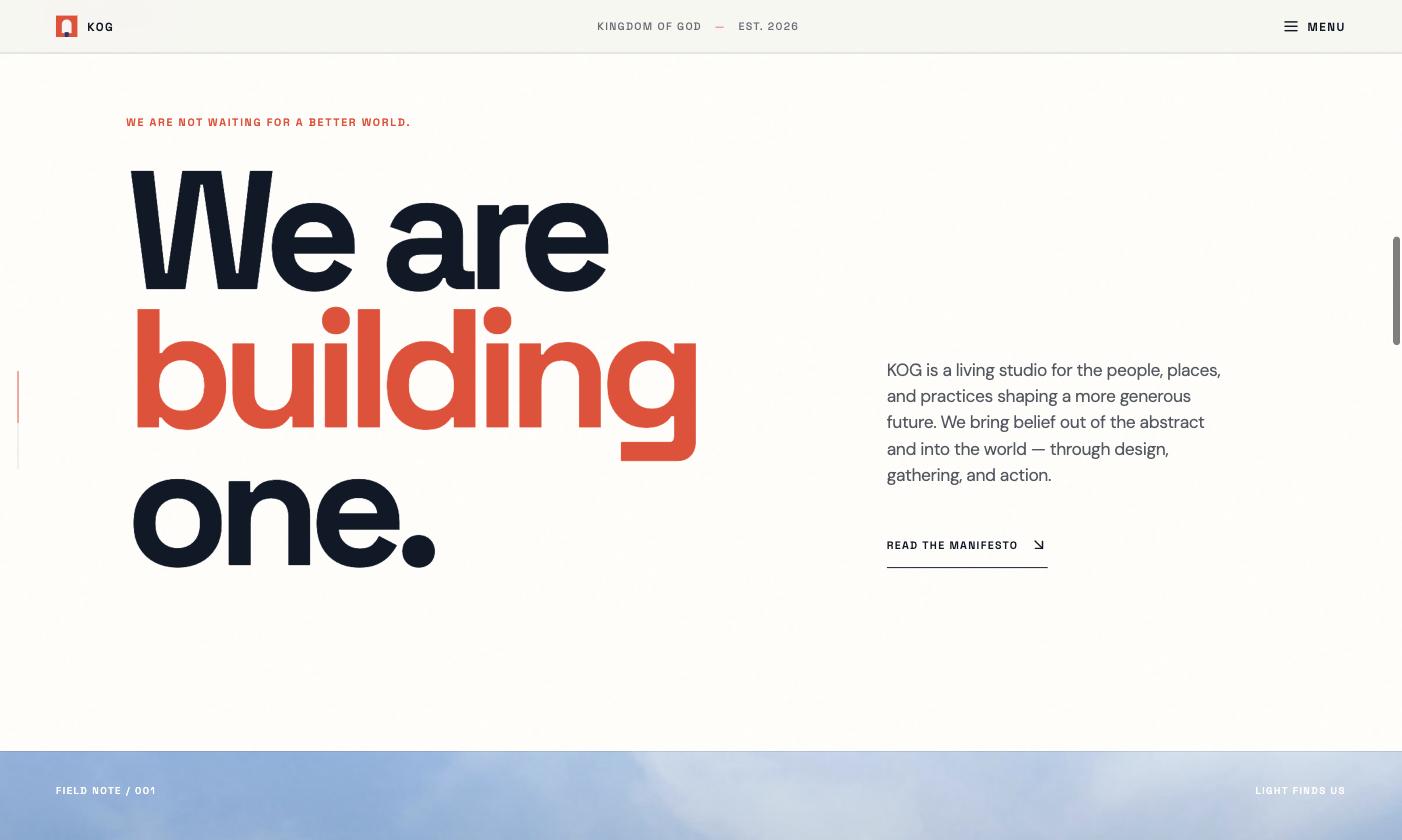 Screenshot of the Becoming site: 'We are building one.' in black and vermilion type on a chalk-white field