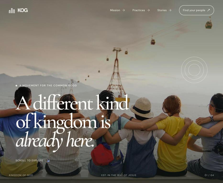 Screenshot of the Faith Circle site hero: 'A different kind of kingdom is already here.' over a photo of friends by the sea