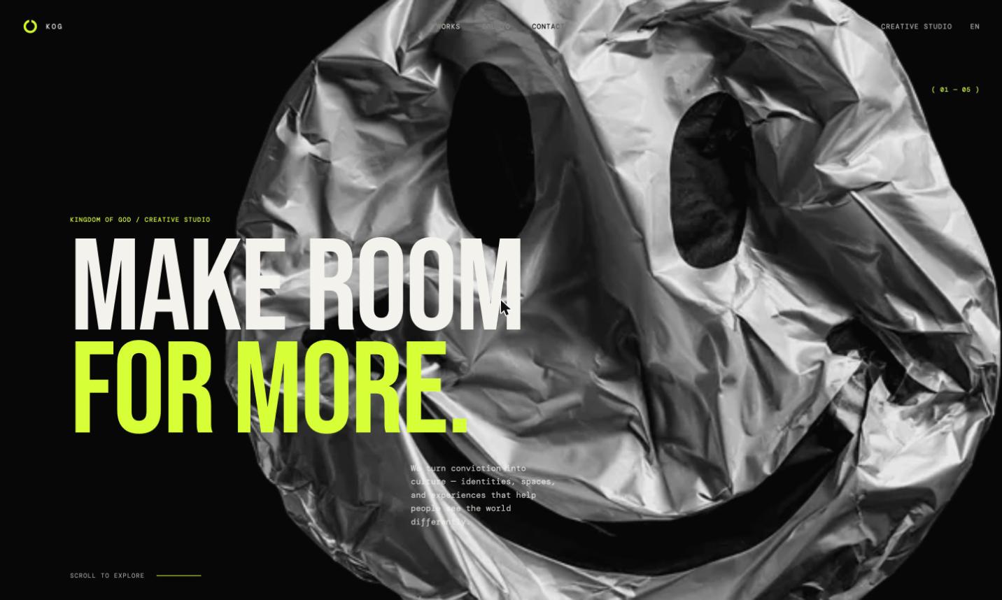 Screenshot of the Studio Two site: 'MAKE ROOM FOR MORE.' over a crumpled foil smiley-face sculpture